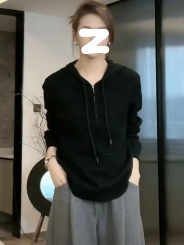 Korean Style  Color Knitted Hat Women's Autumn Winter Straight Tube Slimming Top Trendy Half Zipper T-shirt