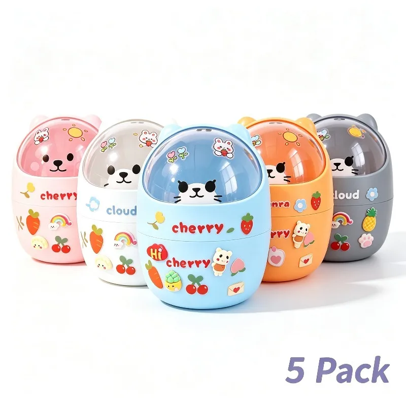 5pcs Cute Tabletop Trash Cans Small Size for Home Dormitory Office Use Mini Garbage Can with Lid Paper Basket/Pen Holder&Sticker