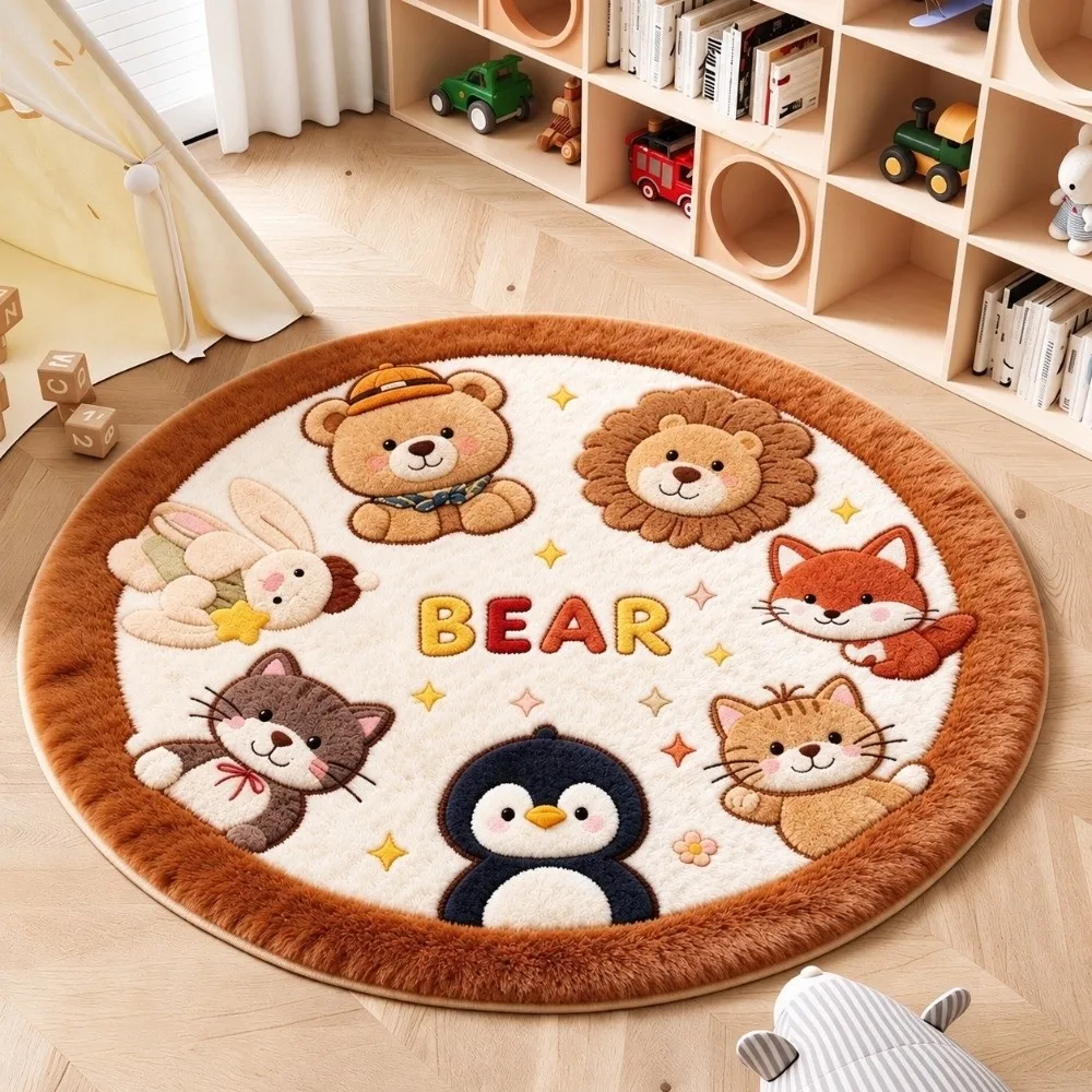 Fashion Imitation Cashmere Animal Round Carpets Non-Slip Soft Floor Mats Washable Cute Home Decorative Carpet for Bedroom
