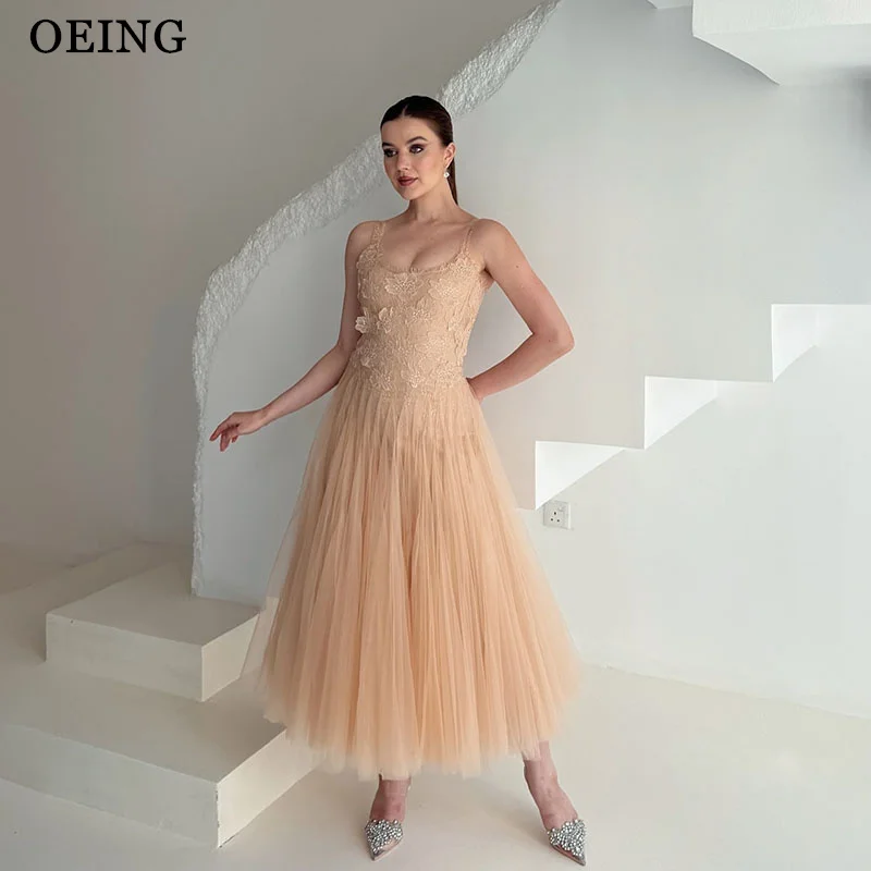 

OEING Classic A-Line Champagne Prom Dress O-Neck Draped Backless Appliques Party Gowns Ankle Length Evening Dress Customized