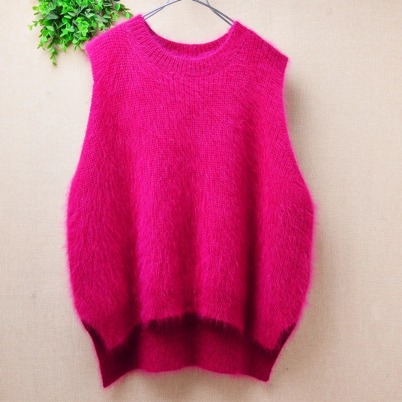 Ladies Women Spring Autumn Clothing Hairy Angora Rabbit Hair Knitted Sleeveless Loose Pullover Sweater Vest Mink Fur Jumper Pull