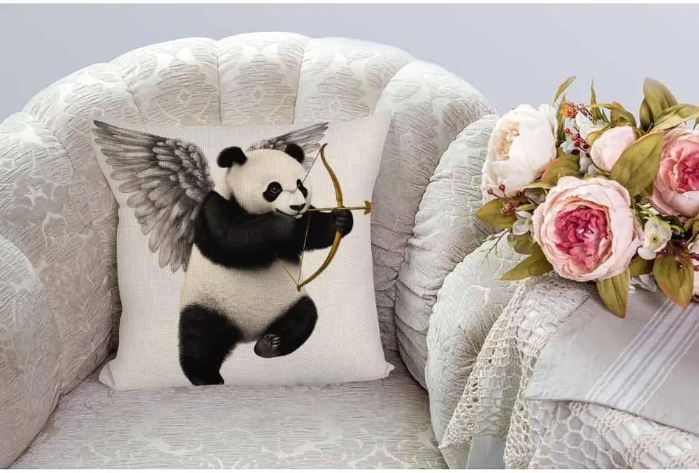Cute Angel Panda Pillowcase, Flying Bear with Wings & Bow Cushion Cover, Funny Animal Art Home Decor, Unique Living Room Gift