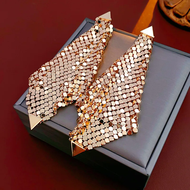 Gold Color Triangle Geometric Glitter Tassel Dangle Earrings for Women Europe and America Personality Exaggerated Charms Jewelry