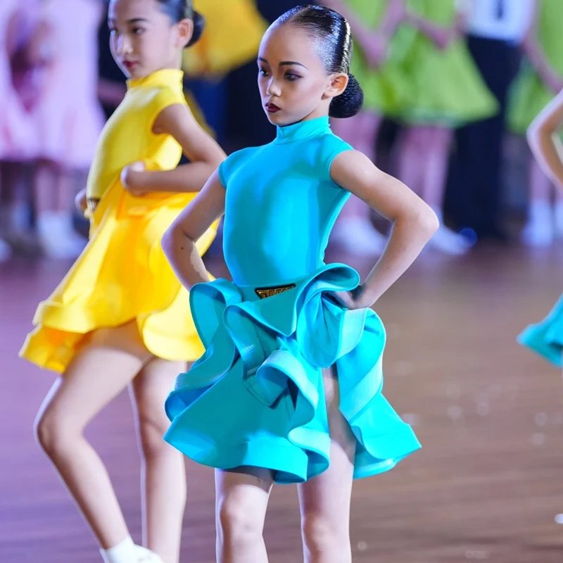

Girls Latin Dance Competition Clothing High-Neck Sleeveless Dance Dress Kids Cha Cha Rumba Practice Wear Performance Suit XH2173