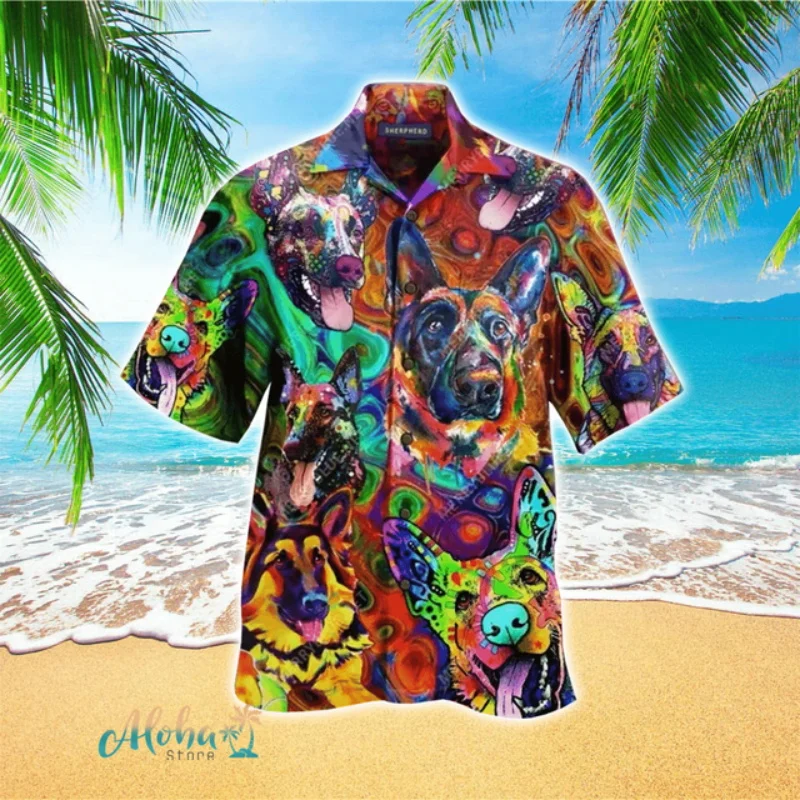 Full Print Mens Hawaiian Shirts Clothes New In Short Sleeve Funny German Shepherd Pattern Beach Shirts Tops Mens Holiday Shirts