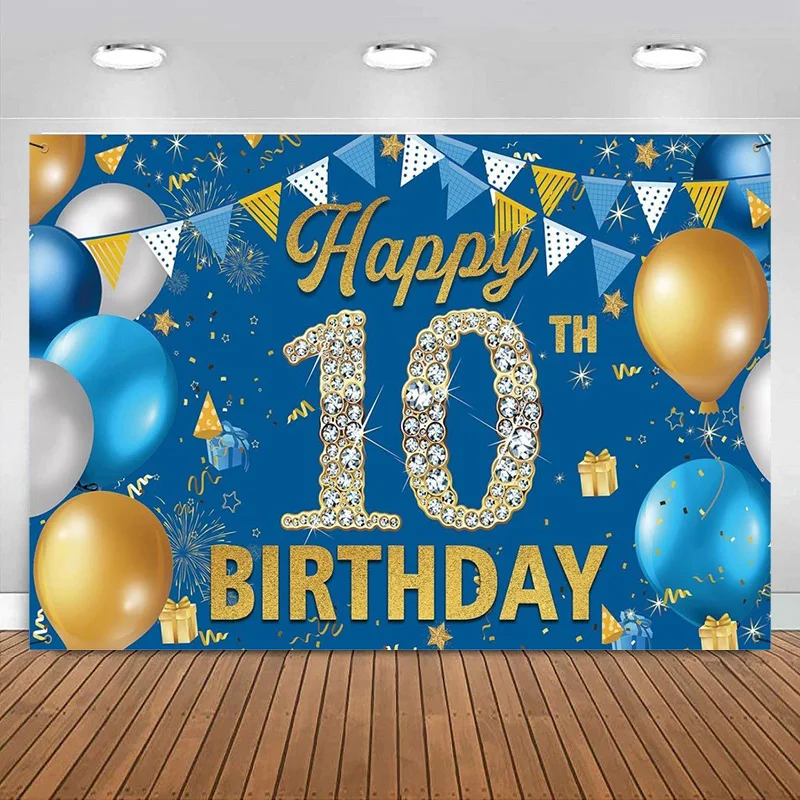 

Happy 10th Birthday Decorations Backdrop Banner for Boys Blue Birthday Photography Background 10 Year Old Birthday Party Poster