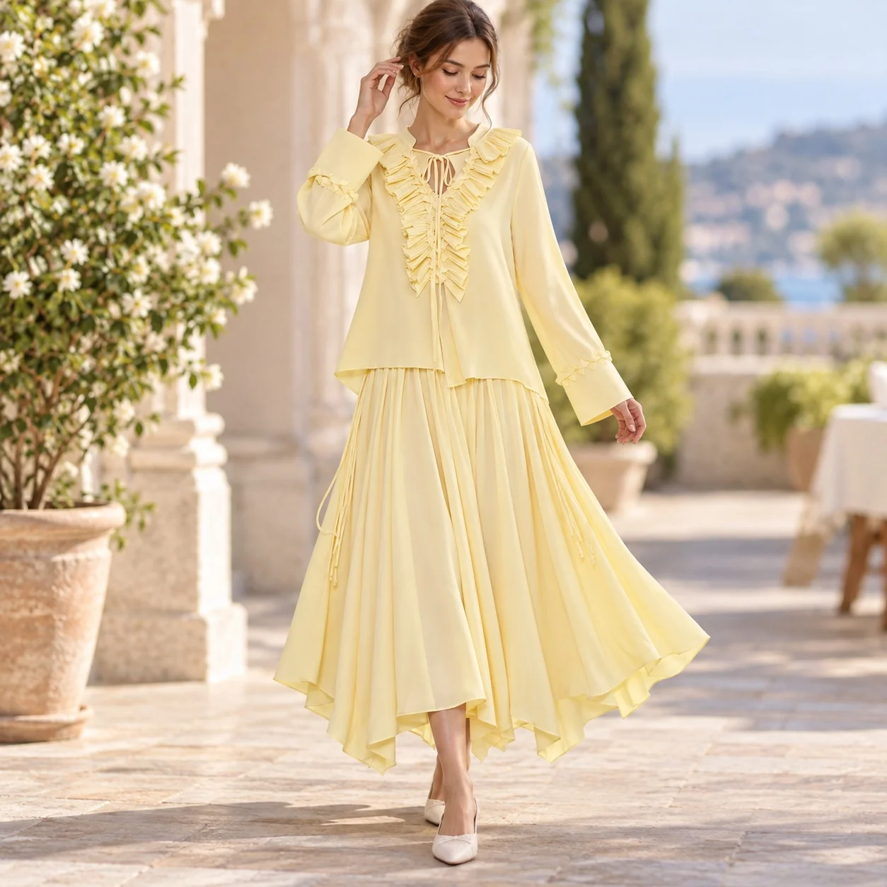Pleated Long Sleeve Set Maxi Length Casual with Eco Friendly Pattern Wrinkle Treatment Regular Sleeve Summer Shirt for Women