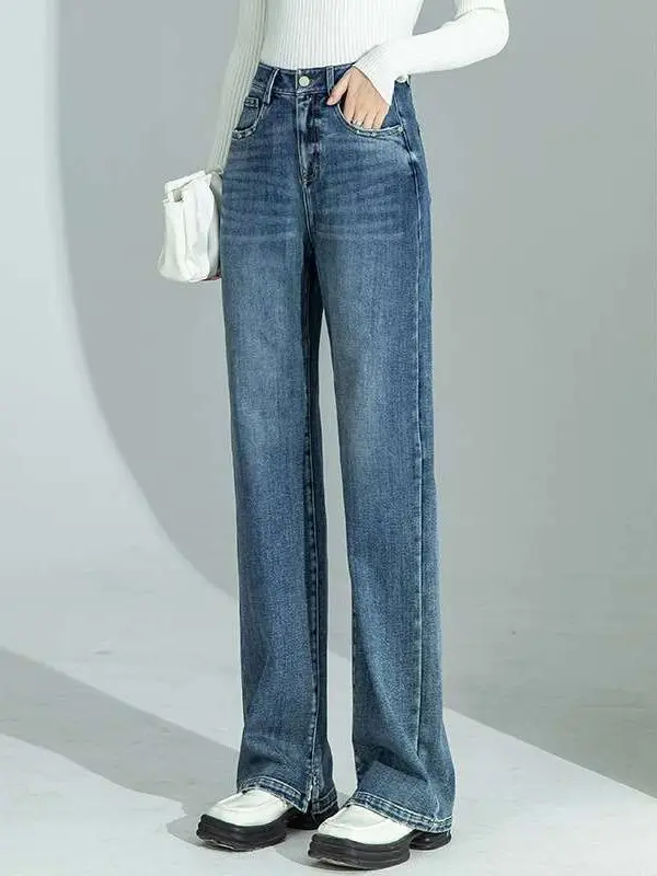 

Spring Summer High Waist Casual Wide Leg Jeans Cleanfit Sle Water Waed mid Stretch PU Fabric Blue Color for Middle-Aged W...