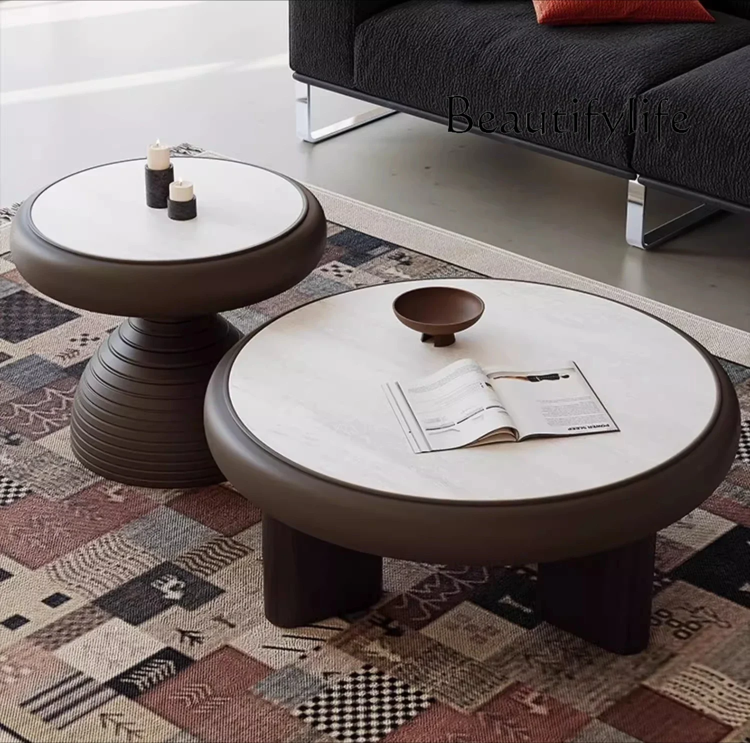 BJ Modern Simple Retro Coffee Table Living Room Small Apartment Household High-end Solid Wood Marble Coffee Table