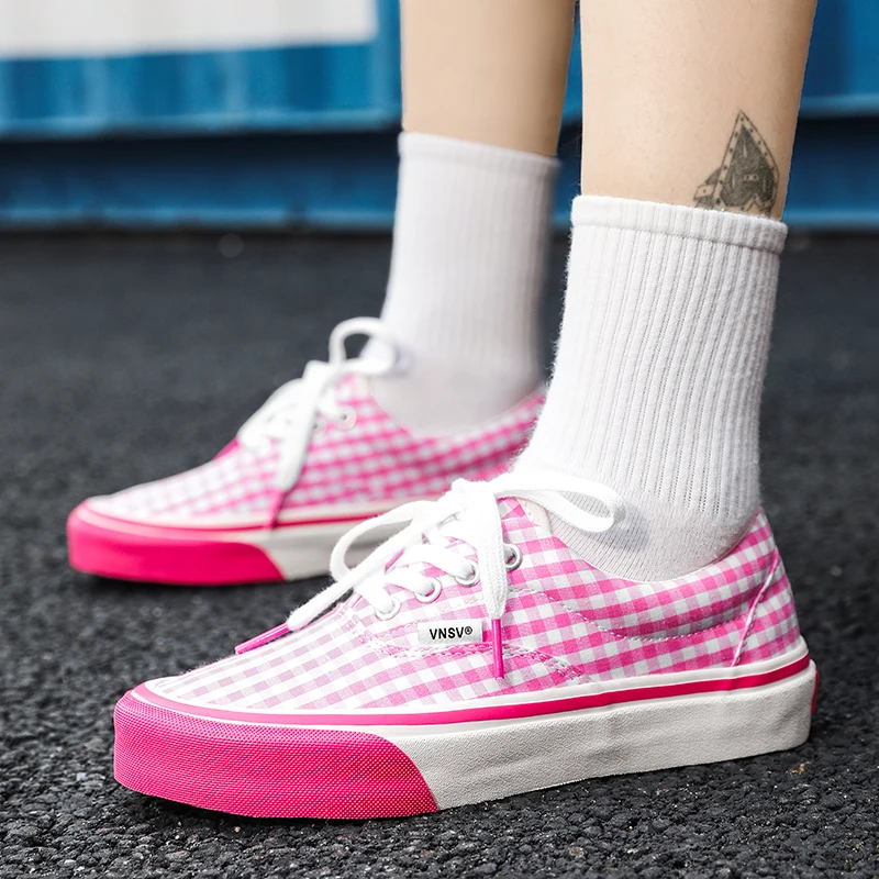 Women Vulcanize Shoes Fashion Pink Gingham Canvas Shoes Round Toe Flat Casual Sneakers Low Top Comfortable Skateboarding Shoes