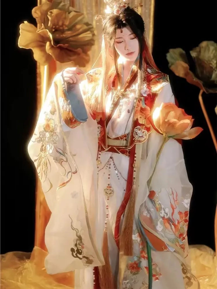 Chinese Hanfu Dress Women&Men Vintage Embroidery Hanfu Female Halloween Carnival Cosplay Costume White&Red Embroidery Hanfu Suit view 2