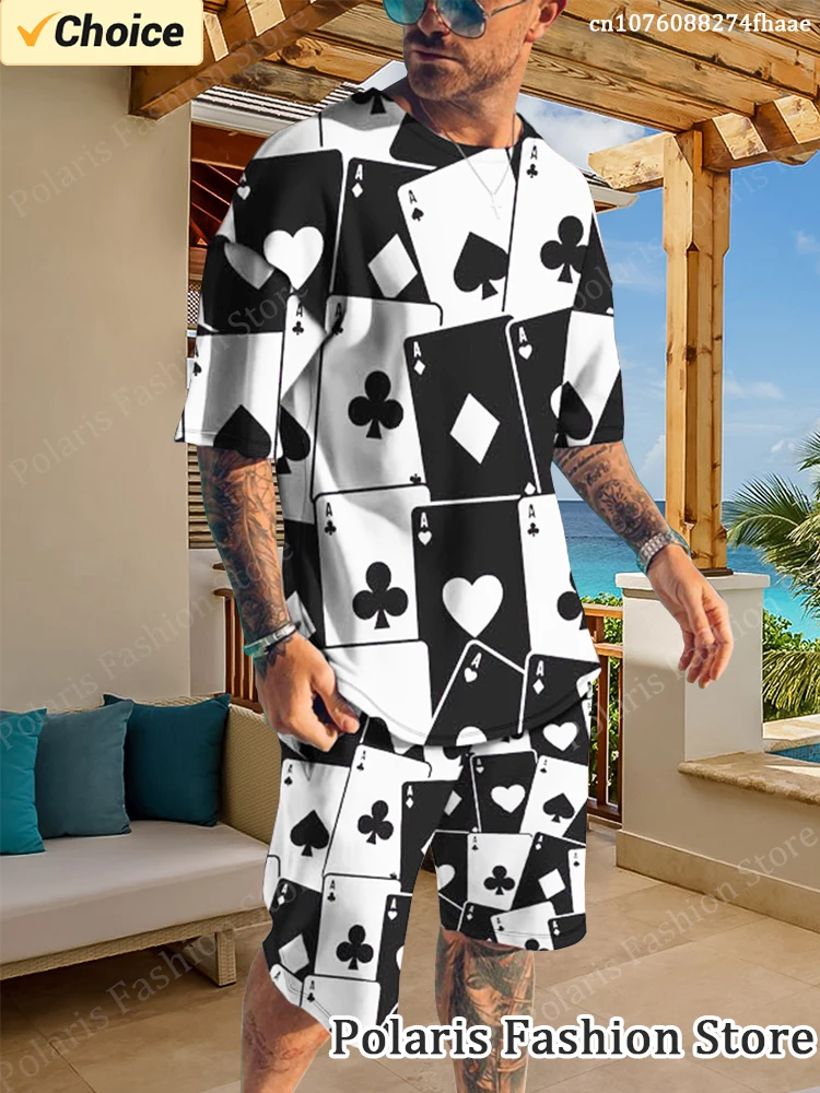 Summer Black And White Poker Printed T Shirt Set Men Beach Short Sleeve Tracksuit Casual 2 Piece Outfits Male Sportwear