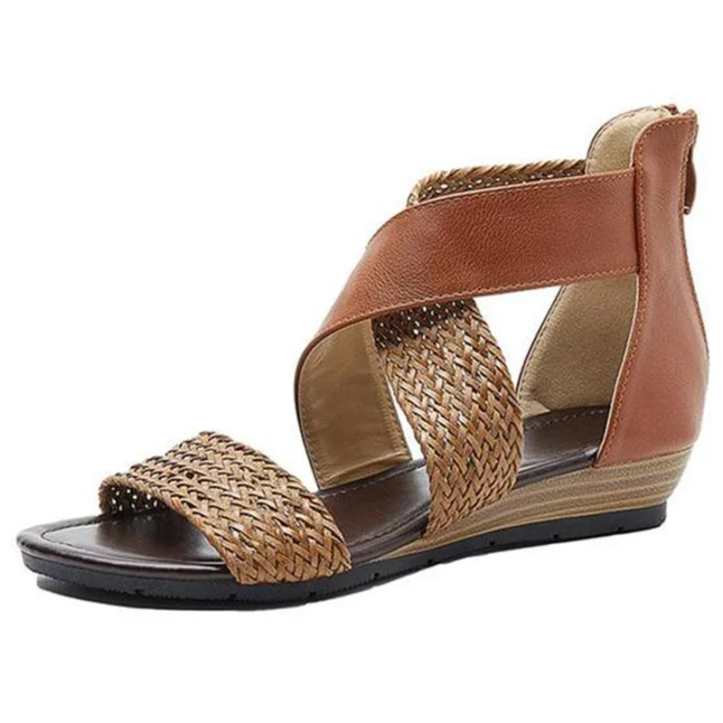 Fish Mouth Leather Platform Women\'s Sandals Weave Wedge Heel Ladies Shoes Plus size Zipper Casual Beach Sandals Roman Shoes