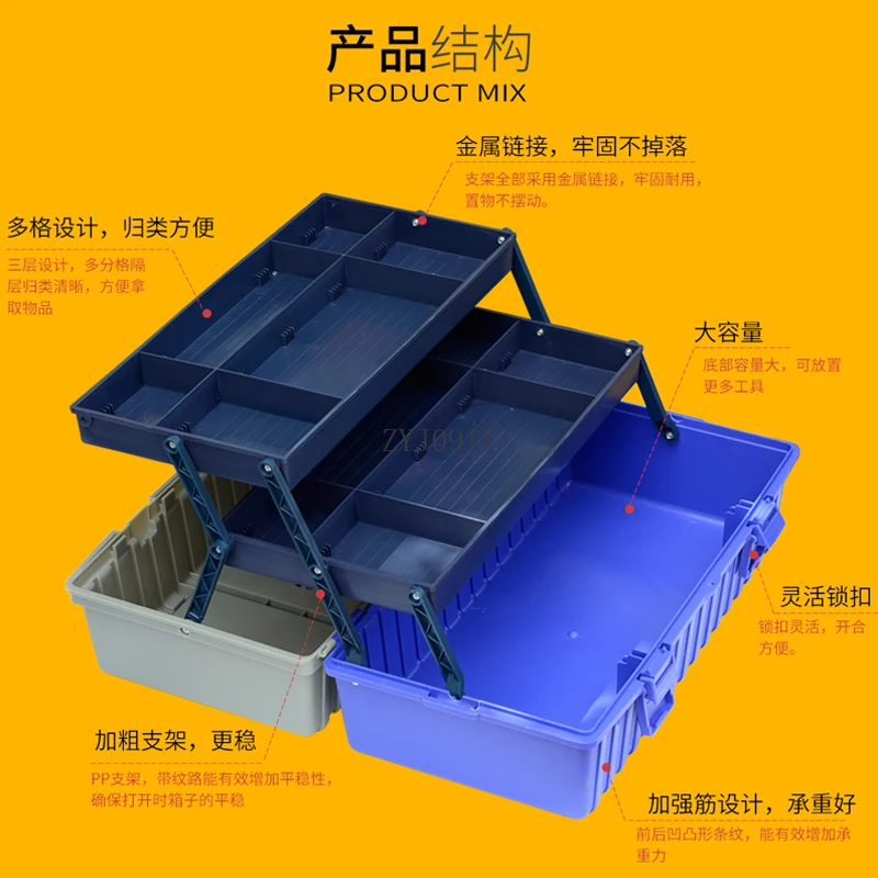 Multifunctional plastic folding three-layer plastic toolbox, portable electrician repair large household storage