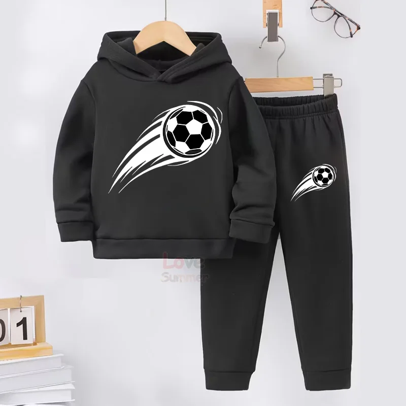 Autumn/Winter 2026 Boys Casual Sports Style Football Print Long Sleeve Fleece Hoodie Sweatpants Set Suitable for Outdoor Wear