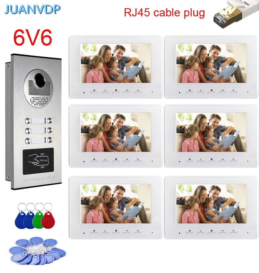 Color LCD 7'' Home Video Intercom Video Doorbell Rfid Camera For Apartment 2/3/4/6 RJ45 Cable Plug Door Phone