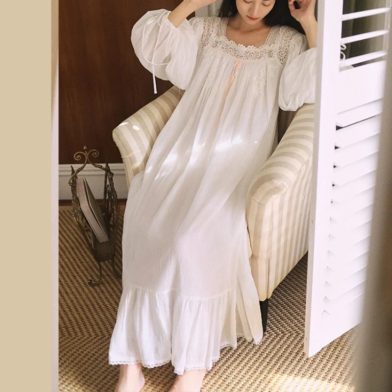 White Fairy Pure Cotton Full Sleeve Nightgown Vintage Victorian Princess Long Sleepwear Sweet Winter Square Collar Nightdress