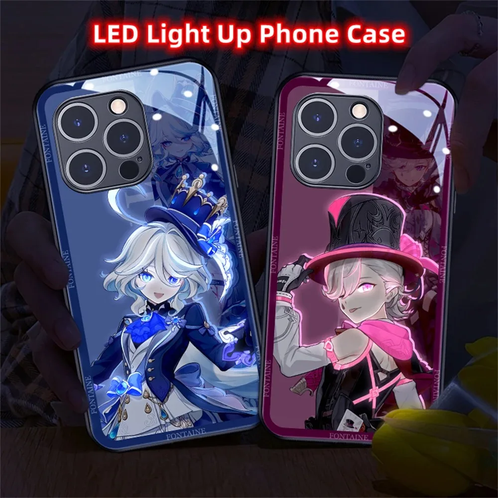 

Hot Game Genshin Pattern LED Light Up Glow Luminous Phone Case Back Cover For iPhone 15 14 13 12 11 Pro Max X XS XR 7 8 SE2020