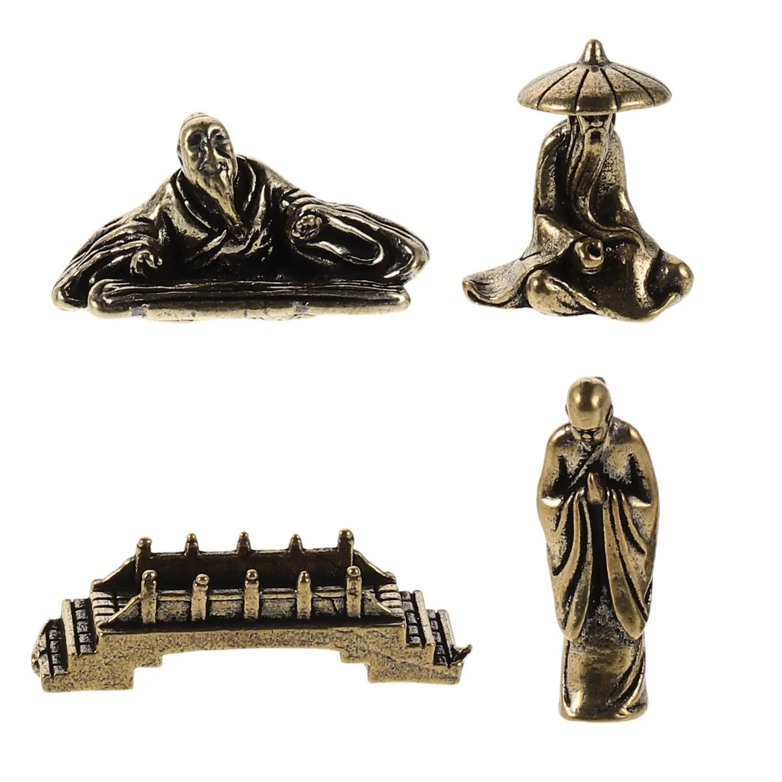 4Pcs Mini Fisherman Monk Small Bridge Micro Landscape Ornaments Handcrafted Brass Aquarium Garden Desk Decor Old Fishing Statue