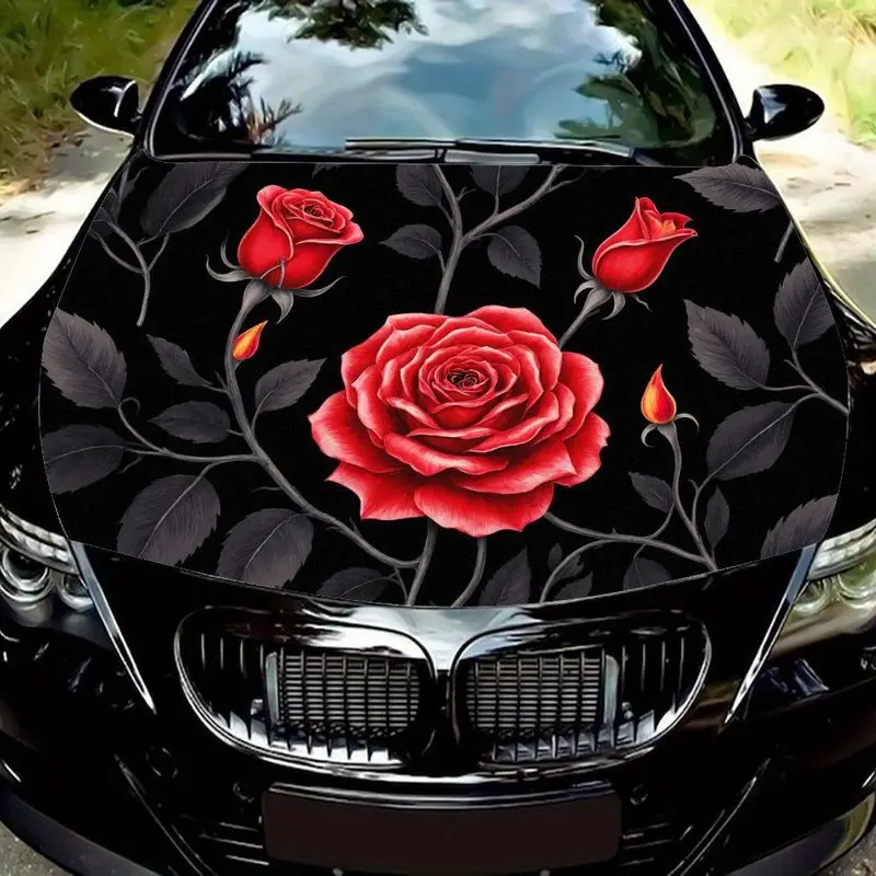 

Элегантная готическая красная роза с темно-серыми листьями, наклейка на капот автомобиля, стилизованная декоративная наклейка на капот на черном фоне