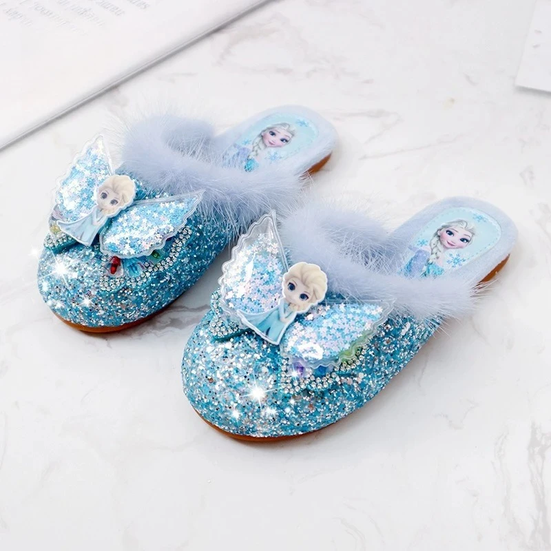 2025 Elsa Girls Slippers, Plush Lined Closed-Toe House Shoes for Kids Winter Cartoon Design