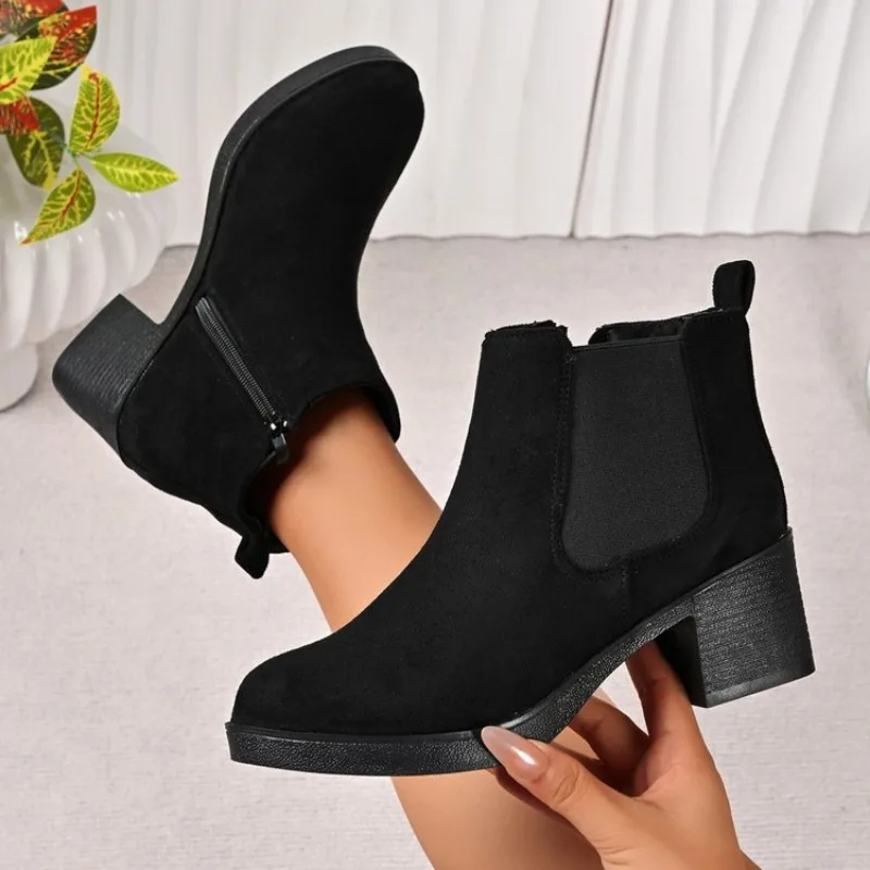 

Winter Classic Chelsea Boots for Woman Cow Suede Pointy Toe Wedge Heel Ankle Boots Simple Comfortable Cowboy Boots Female 41 42