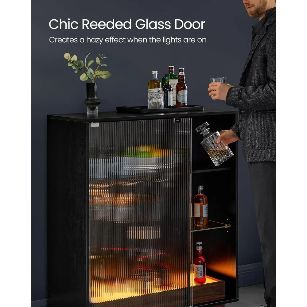 Wine Bar Cabinet with Lights, LED Sideboard Cabinet with Wine Storage, Coffee Bar Cabinet for Liquor, with Glass Holder