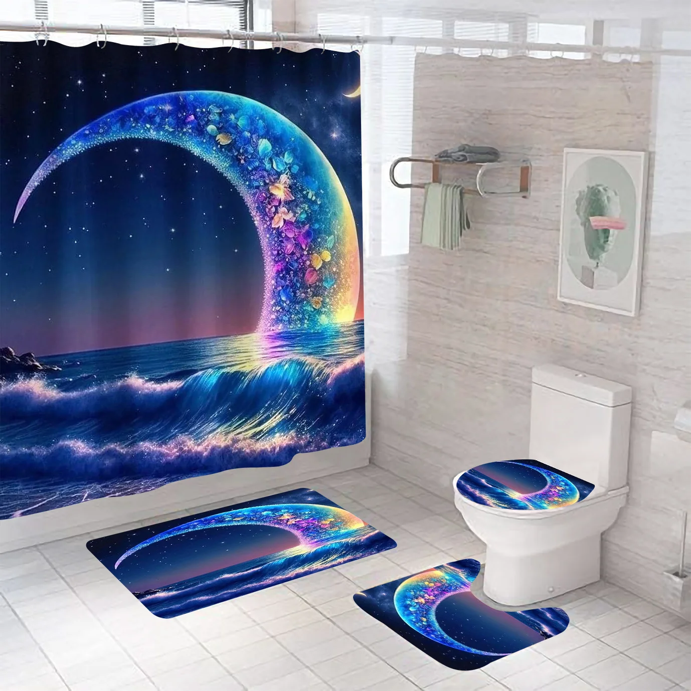 

4 шт. мечтательное звездное небо океан блестящие цветы лунный узор набор занавесок для душа занавеска для ванной комнаты, декор для ванной комнаты