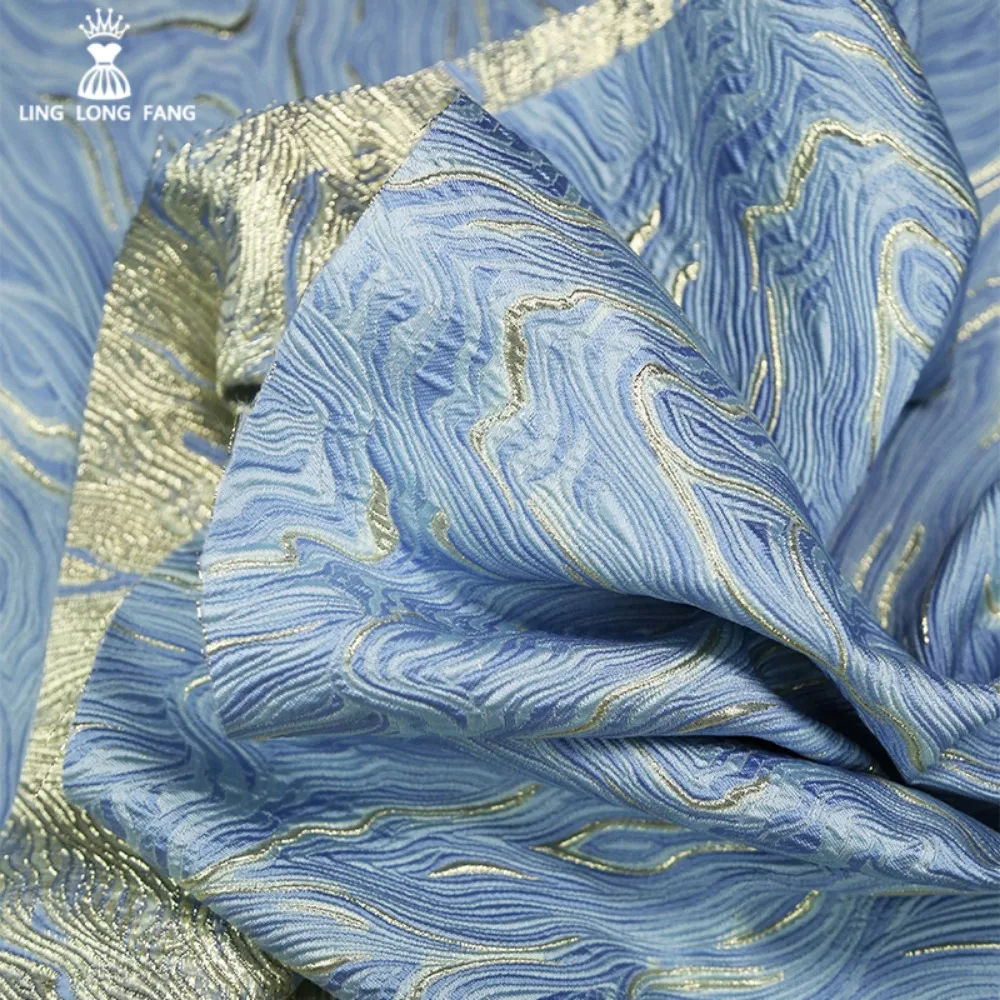 Designer Fabric Marble Pattern Gold Thread Jacquard Fabric, 3D Texture Brocade Cloth, Shimmer Gilt Fabric for Clothing Design