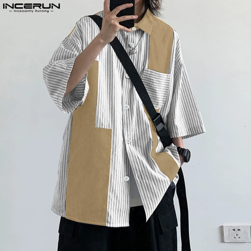 INCERUN Camicia da uomo a righe patchwork risvolto mezza manica allentata casual abbigliamento uomo streetwear estate 2025 camicie maschili stile coreano