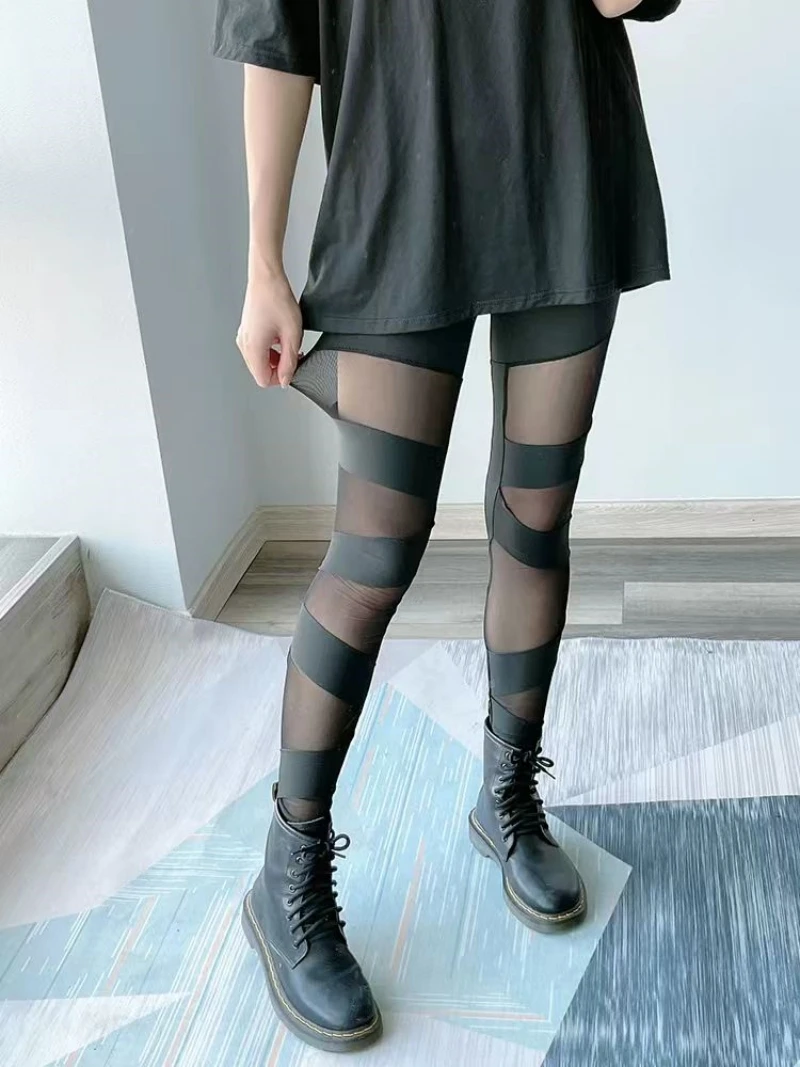 Damen-Mesh-Leggings, modische getäfelte Stretch-Leggings, sexy Leggings, 2024, neu