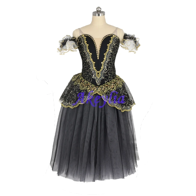 

Akeylia black gold Ballet long dress skirt Professional performance for girls 5 layers soft tulle Two rows of hooks JNBL2229