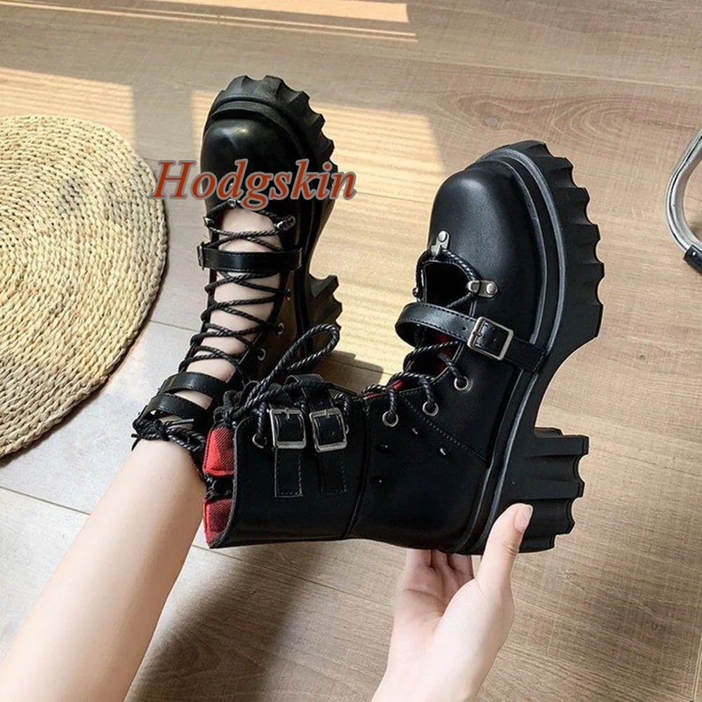 

Hollow Front Strap Solid Boots Cross Tied Chunky High Heel Mid Calf Round Toe Boots Fashion Casual 2025 Newest Spring Boots