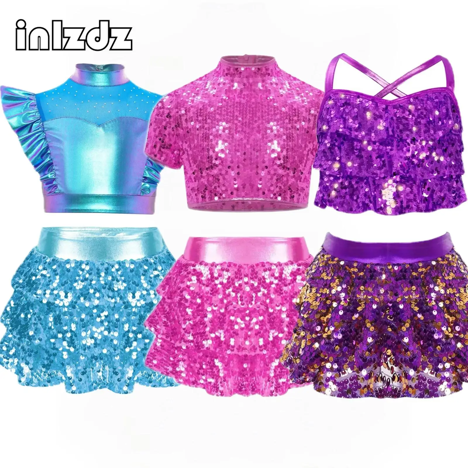 Kids Girl Jazz Hip-Hop Dance Outfit Cheerleading Performance Set Rhinestone Metallic Crop Top+Shiny Sequins Culottes 2-piece Set