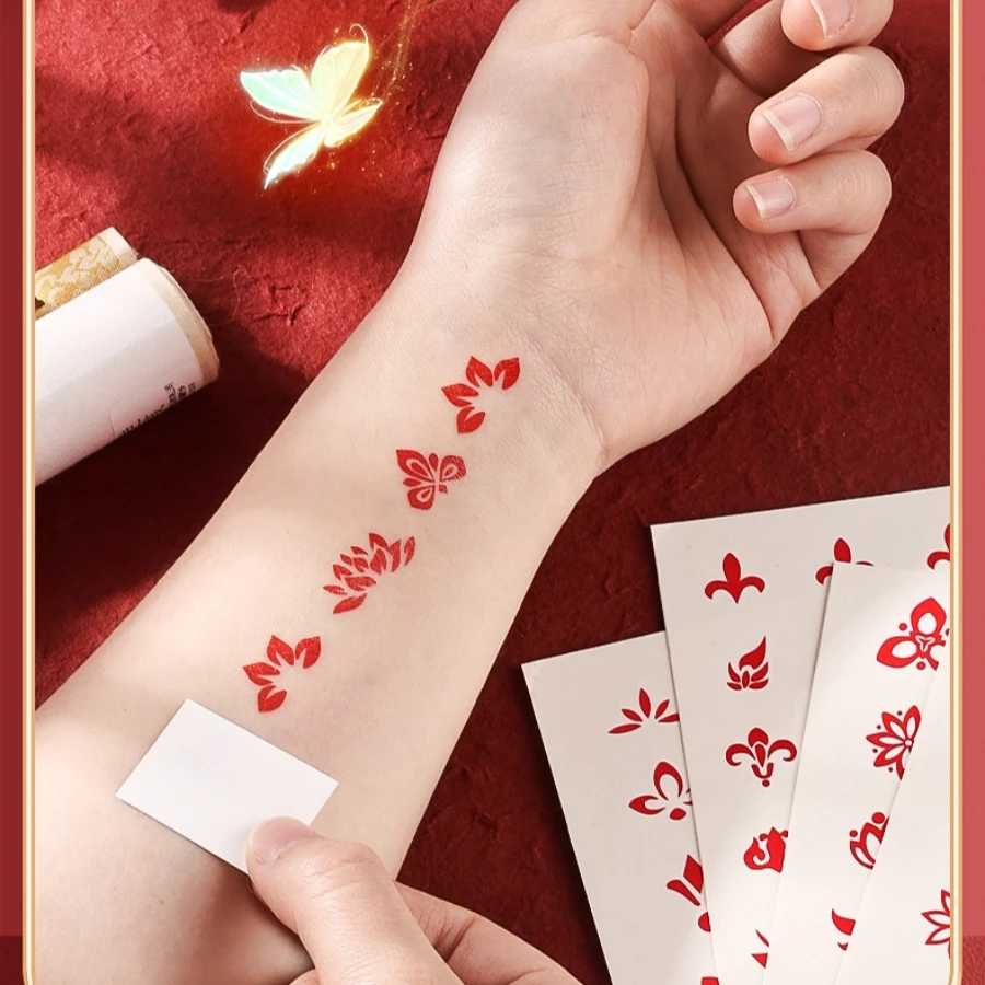 Chinese Style Red Flower and Pearl Forehead Printed Stickers, Can Be Used for Beauty Makeup, Environmentally friendly，12PCs