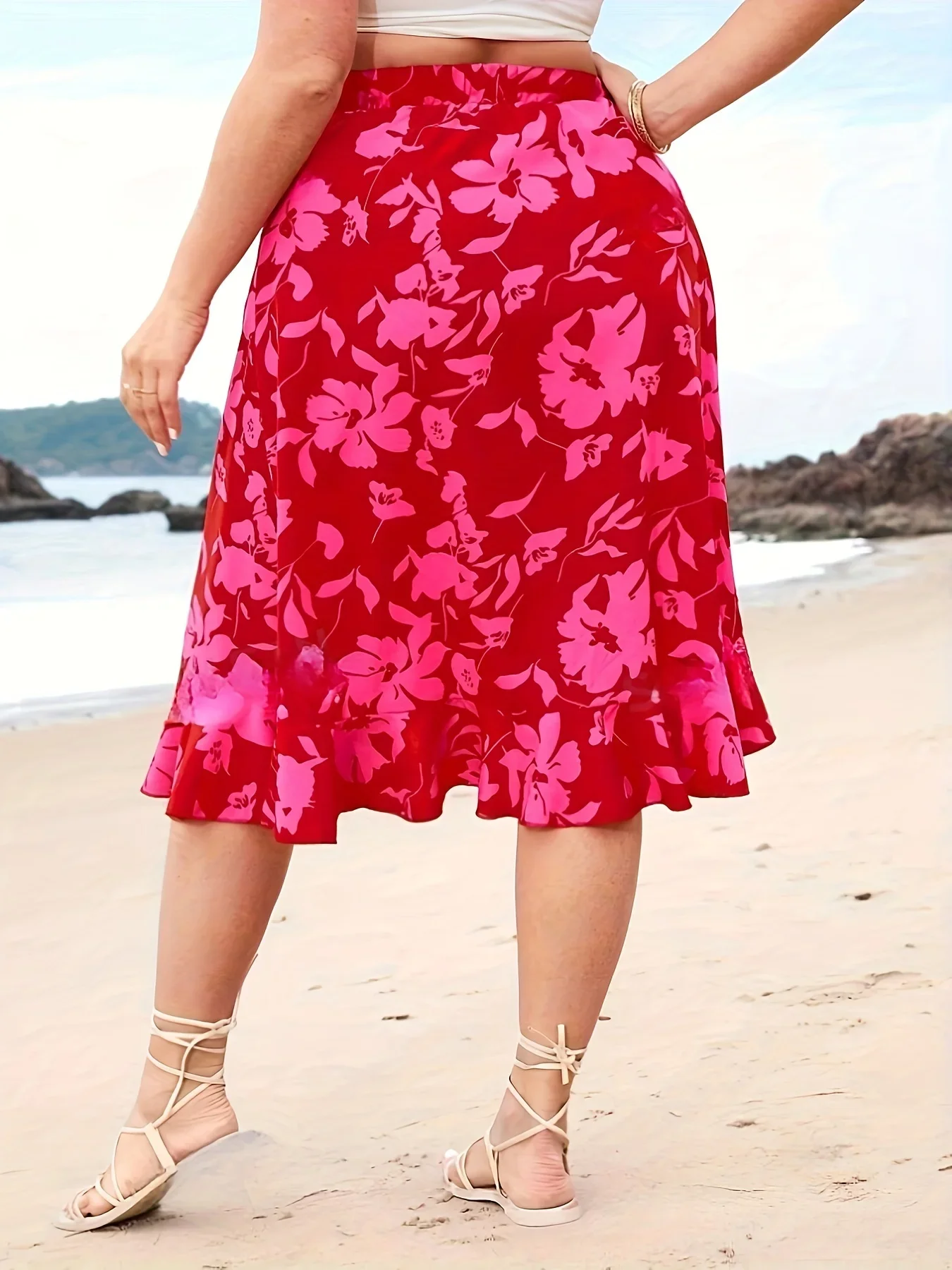 Plus Size Spring Summer Women Elegant Floral Print Slit Skirt Vacation Beach Style High Waist Skirts