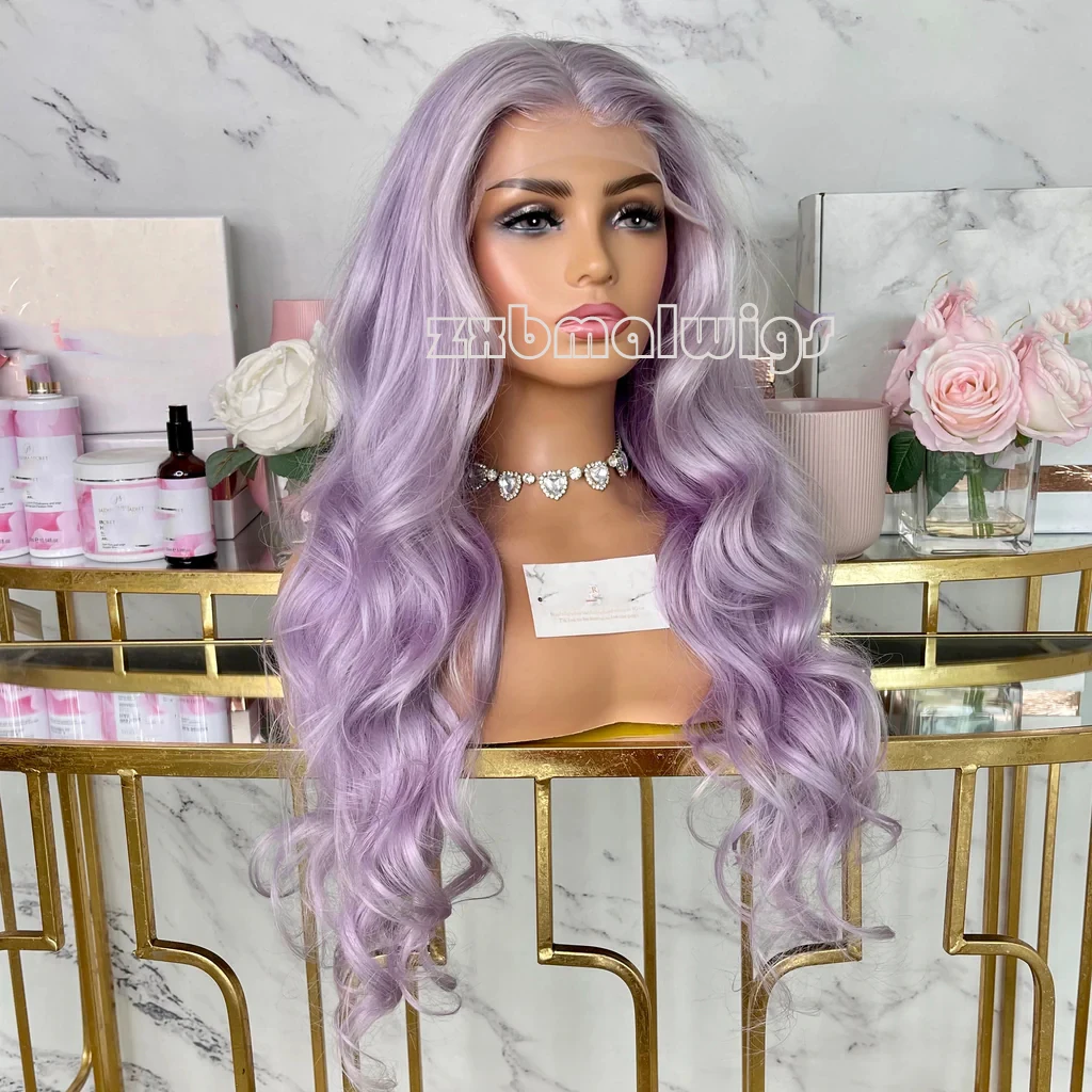 Light Purple Body Wave Synthetic Hair 13X4 Lace Frontal Wig For Women Glueless Fiber Hair Transparent Lace Wigs