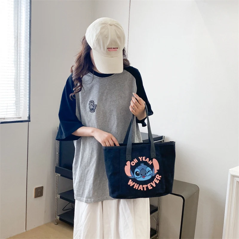 MINISO Disney Cartoon Print Stitch Canvas Bags Cute Casual Handabgs Fashion Shoulder Bag Women Totes Commuting Bag