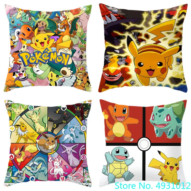 

45X45cm Anime Pokemon Pikachu Eevee Short Plush Pillow Cushion Cover Cute Cartoon Home Sofa Office Nap Pillowcase Toys