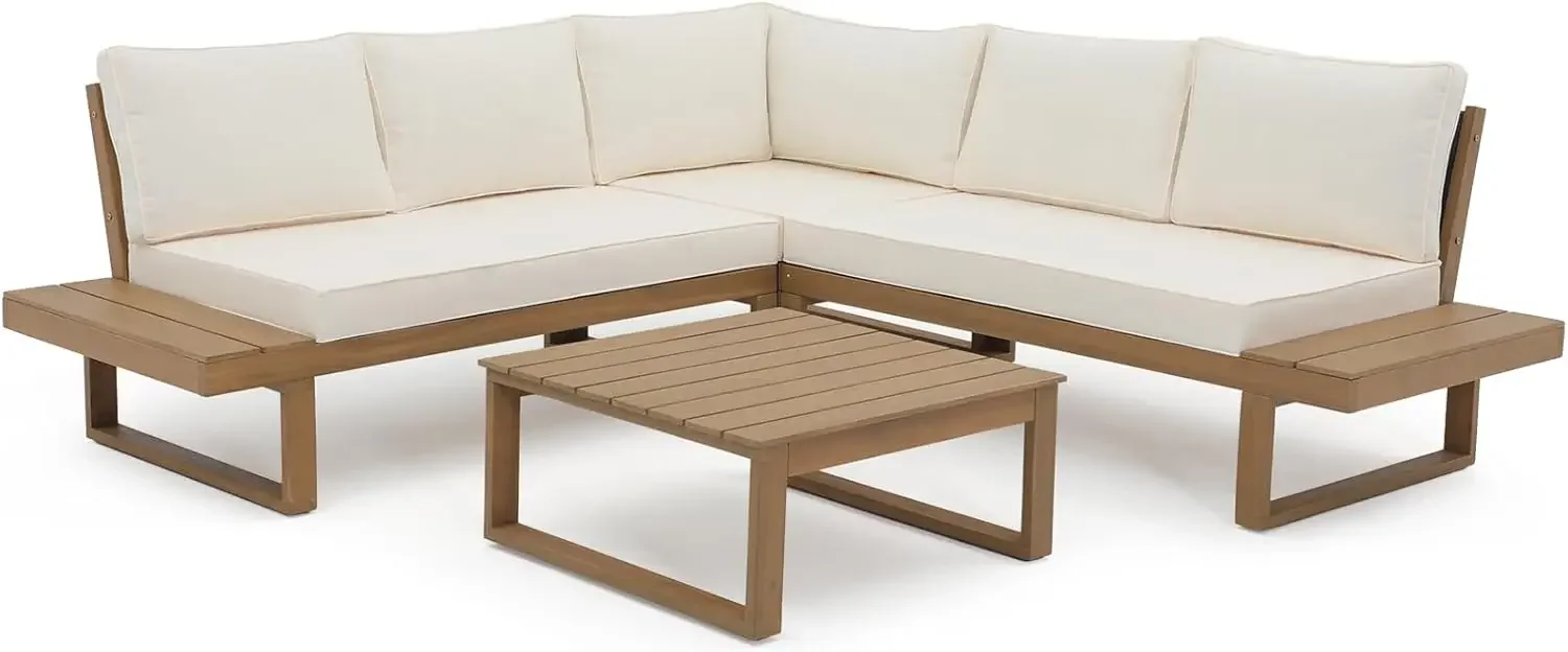 

4 Piece Acacia Wood Patio Furniture L-Shaped Outdoor Sectional Sofa Set, FSC Certified Conversation Set with Table and Cushions