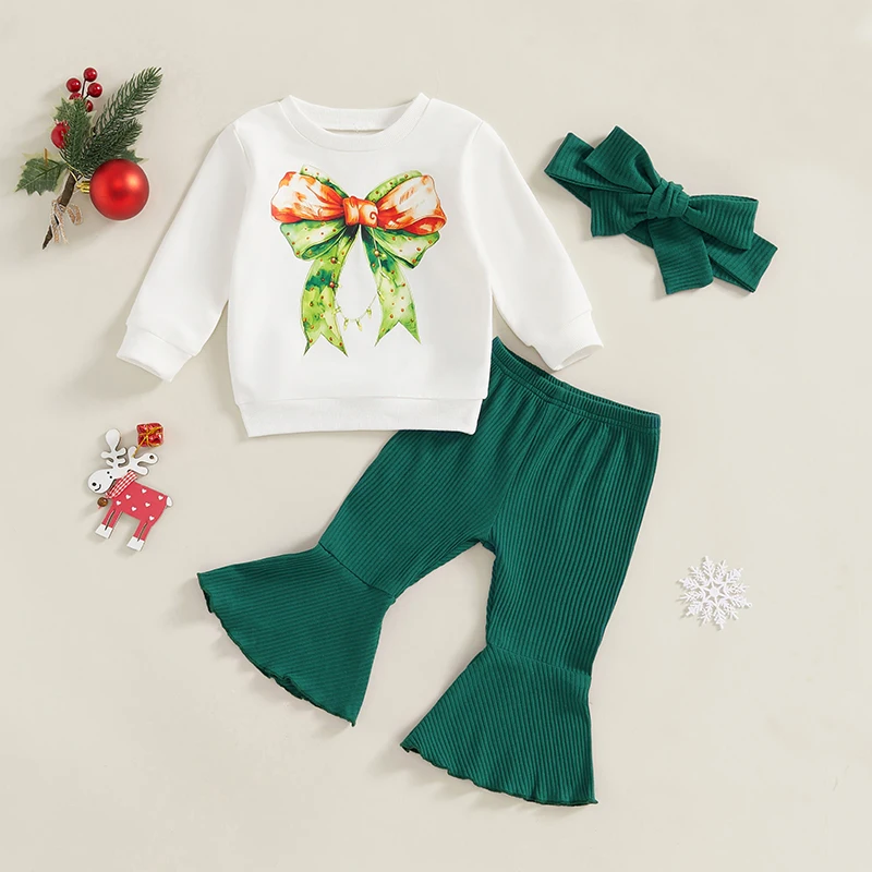 Tenues de Noël pour tout-petits, imprimé nœud, sweat-shirt à manches longues, pantalon évasé de lit en deau solide, ensemble de bande de sauna pour fille