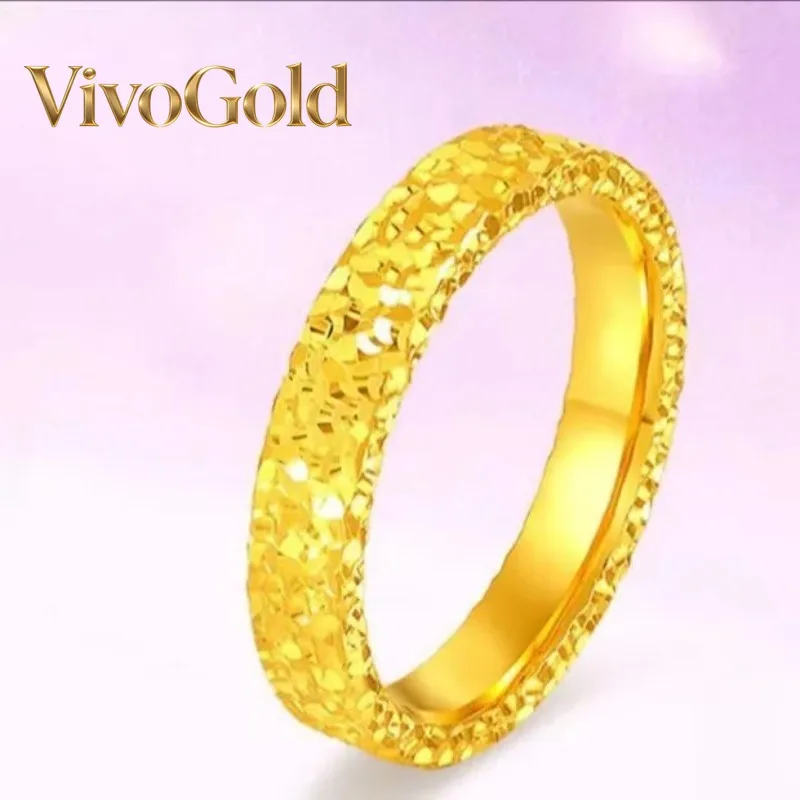 

VivoGold9999 24K Real Gold Crushed Ice CNC Craft Ring Solid Gold Ring for Girlfriend 520 Couple Ring Mother's Day Gift