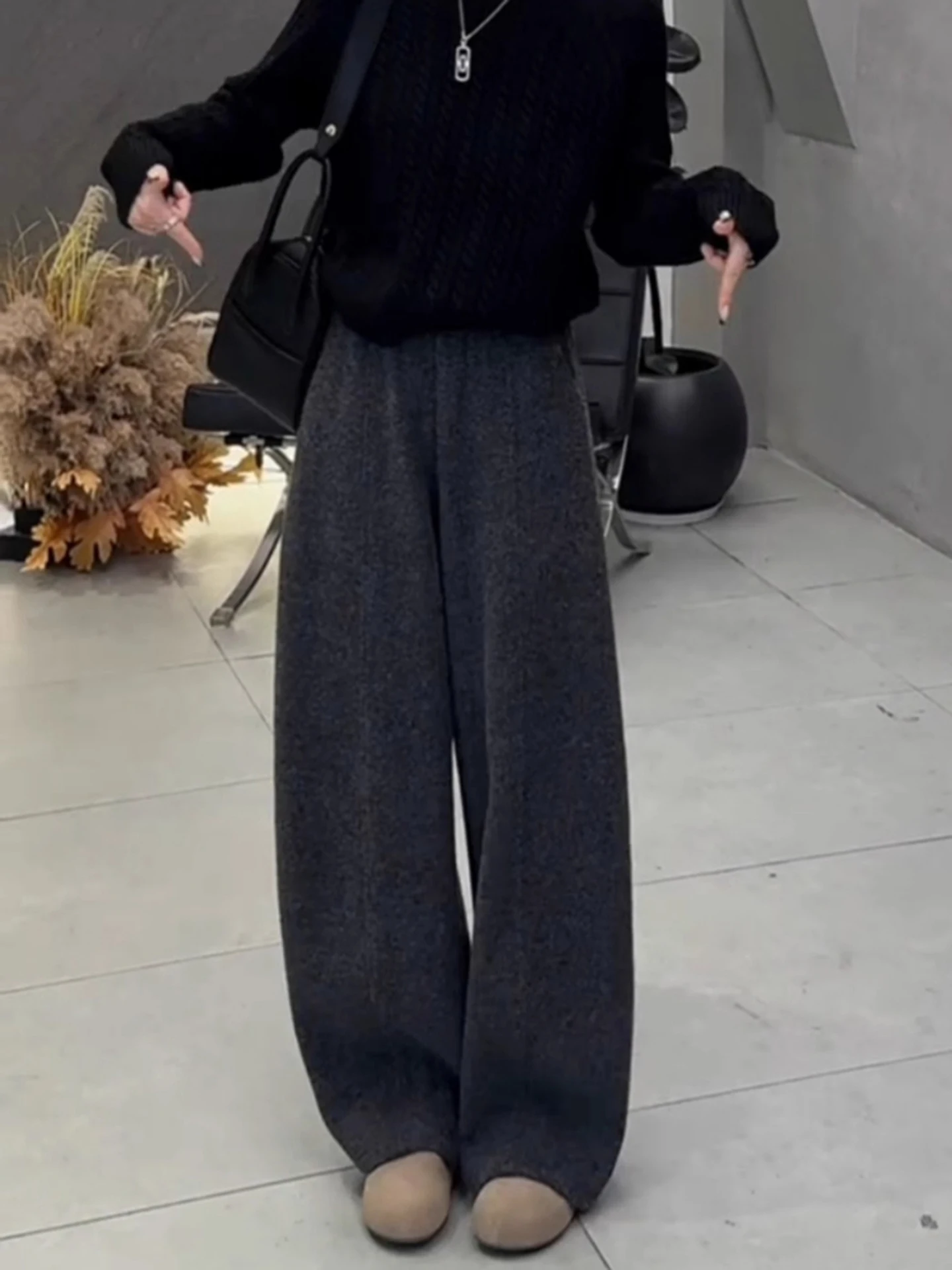 Koreańskie, swobodne, modne spodnie damskie z wysokim stanem, ocieplane, wyszczuplające, z szerokimi nogawkami, nowość na jesień i zimę.