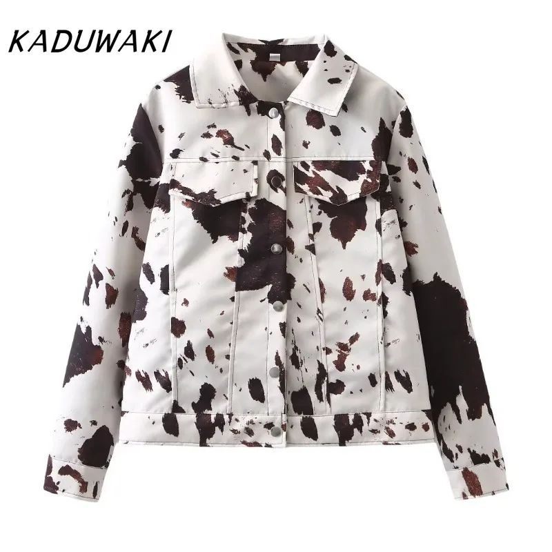 KADUWAKI Fall Retro Lapel Long Sleeve Printed Jacket Coat Fashion Loose Fit Streetwear Peplum Jacket Куртка Женская С Капюшоном