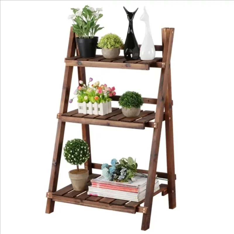 3-Tier Folding Wooden Ladder Shelving Flower and Plant Display Stand for Indoors or Outdoors