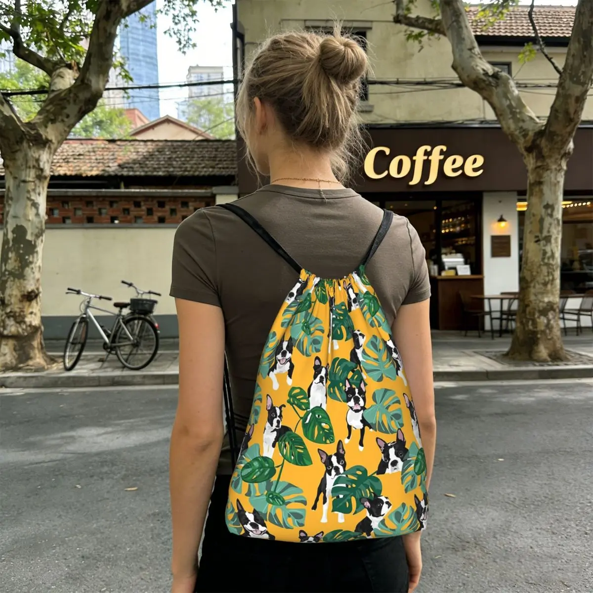 Cute Boston Terrier Dog Pattern Backpacks Multi-function Drawstring Bags Sundries Bag Book Bags for Travel School