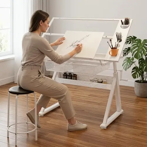 Drafting Table w/Art Stool, Hand Crank Height Adjustable Drawing Desk for Adults with Tilting Glass Top (0-70°), 2