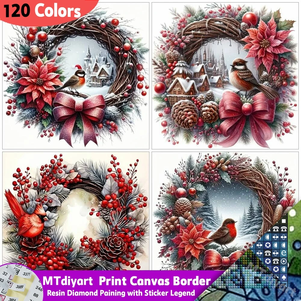 Printed Canvas Border 120 Colors Resin Diamond Painting Symbol Stickers Winter Berry Robin Wreath Full Drill Xmas Home Decor
