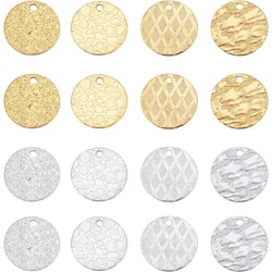 32pcs 2 Colors Textured Blank Tag Flat Round Metal Dangle Charms Stainless Steel 15mm Disc Blank Charms for Bracelet Earring