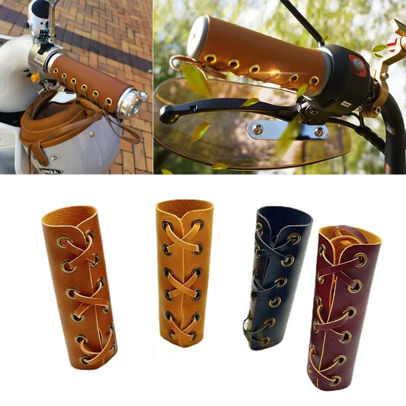 Motorcycle Bicycle Vintage Leather Handle Cover Universal Handle Leather Cover Cycling Accessories Easy Install Wraps Protector